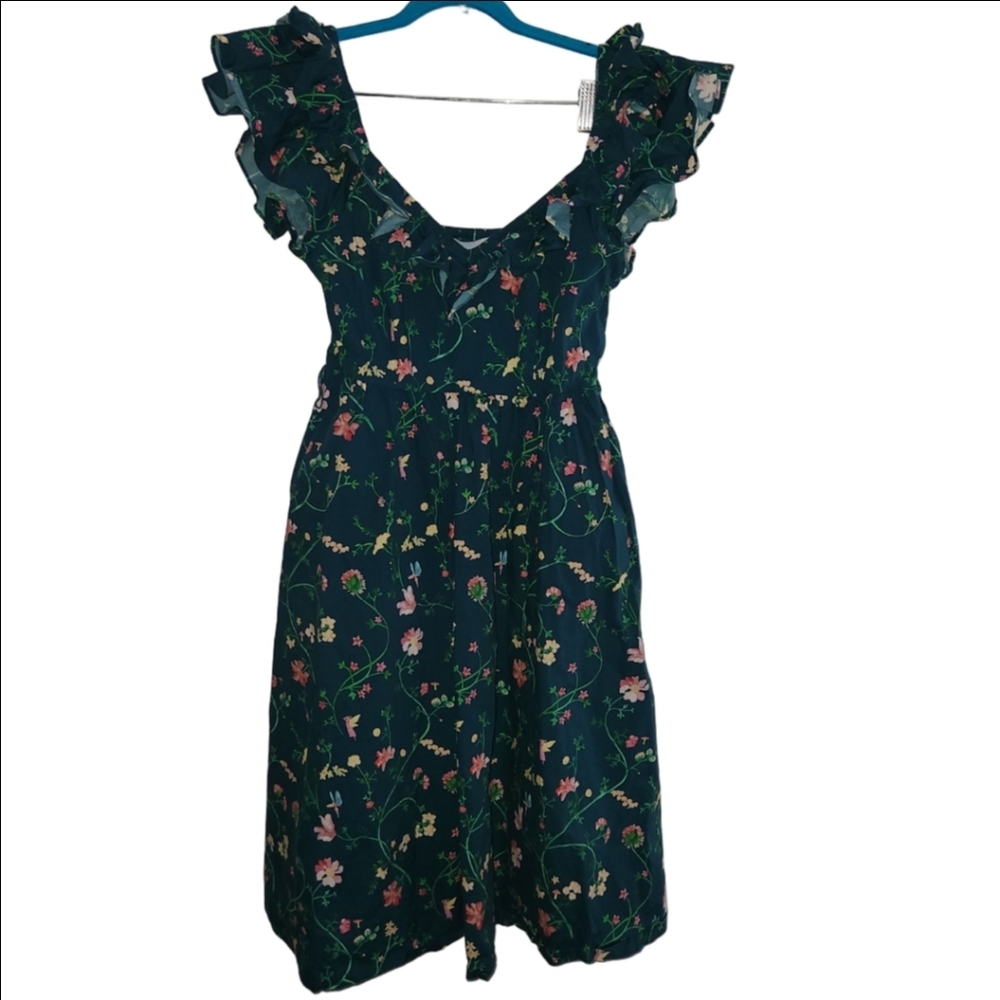 Hill House Ava Dress Moody Floral V-Neck Ruffle Neck Teal Floral Midi M - Picture 2 of 6